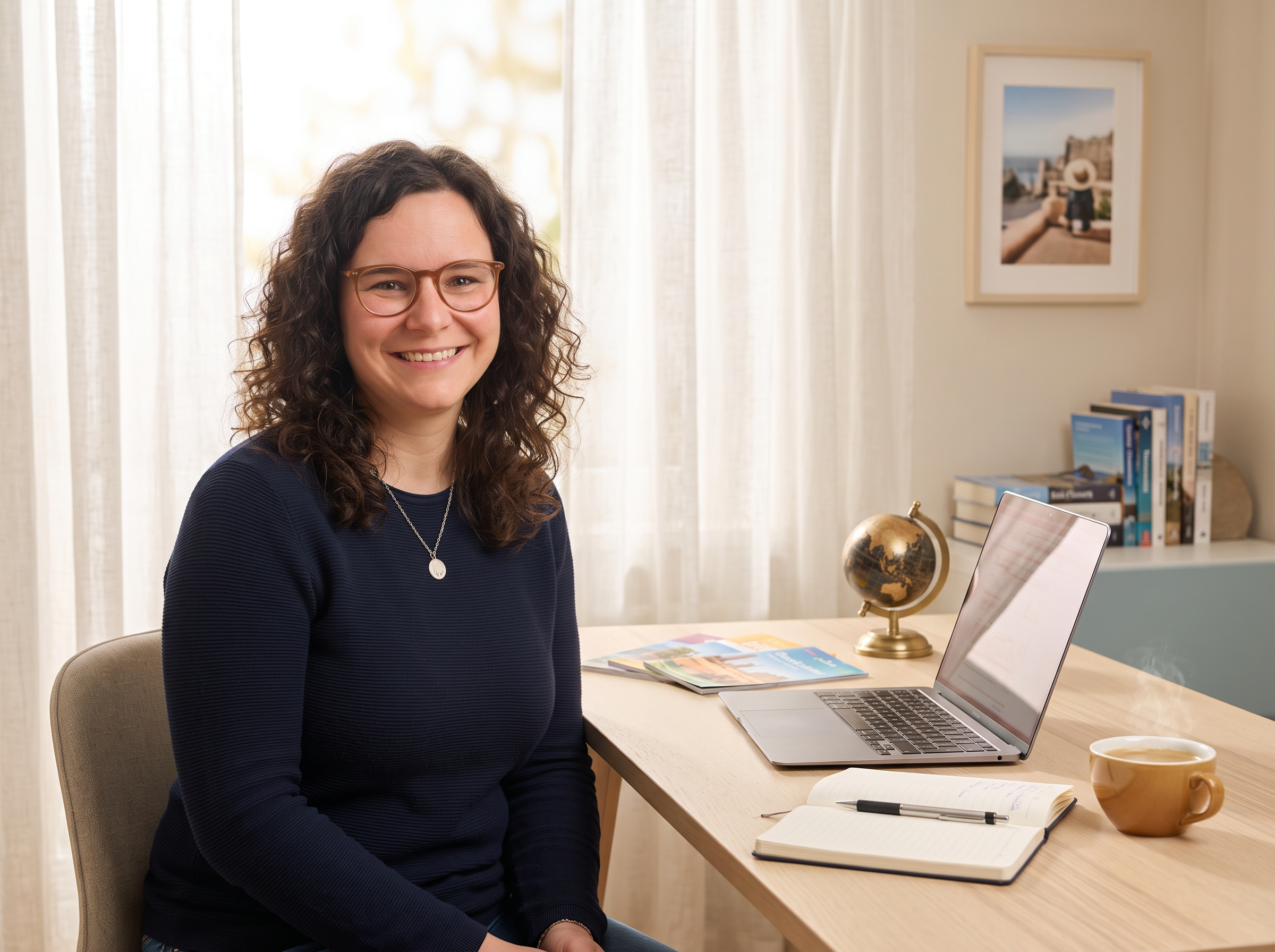Tanja Götz in ihrer hellen Reiseberatungs-Arbeitsumgebung mit Laptop und Globus